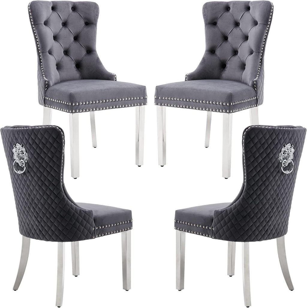 Velvet Dining Chairs Set of 4, Upholstered Dining Room Chairs, Mid-Century Modern Chairs with Diamond Lattice Tufted Back, Lion Pull Ring Rivet Trim, Silver Metal Legs for Kitchen, Dark Grey
