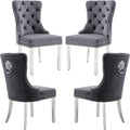Velvet Dining Chairs Set of 4, Upholstered Dining Room Chairs, Mid-Century Modern Chairs with Diamond Lattice Tufted Back, Lion Pull Ring Rivet Trim, Silver Metal Legs for Kitchen, Dark Grey