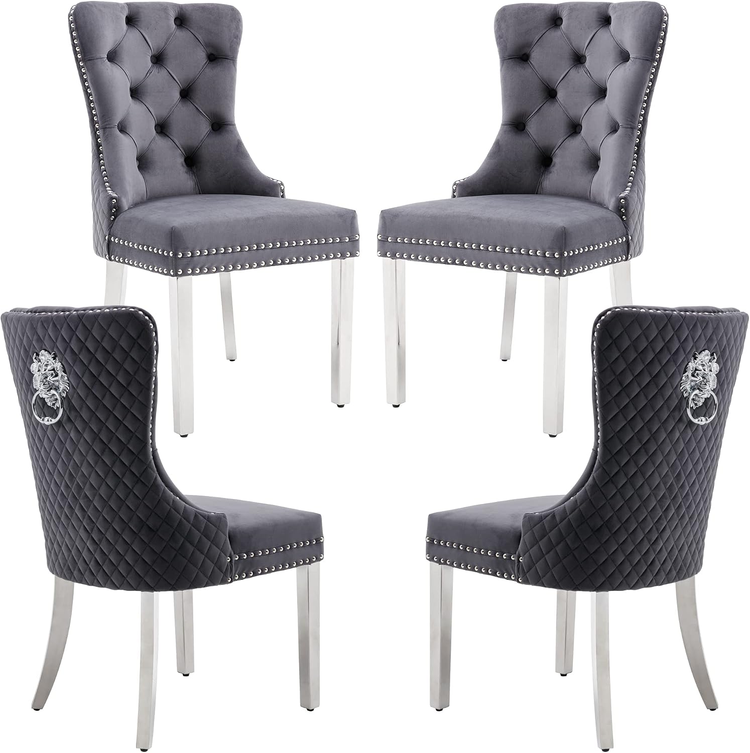 Velvet Dining Chairs Set of 4, Upholstered Dining Room Chairs, Mid-Century Modern Chairs with Diamond Lattice Tufted Back, Lion Pull Ring Rivet Trim, Silver Metal Legs for Kitchen, Dark Grey