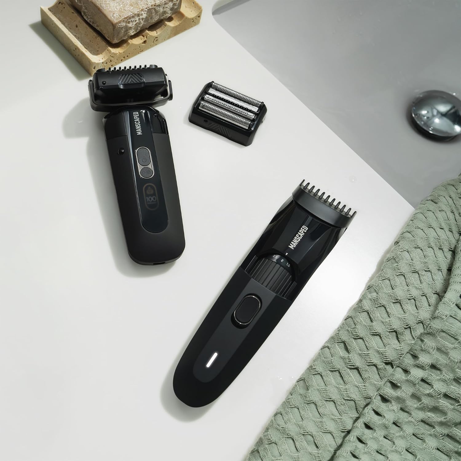 MANSCAPED® The Chairman™ PRO Men's Electric Foil Face Shaver & The Beard Hedger® Men's Beard Trimmer, 20 Length Adjustable Blade Wheel, Stainless Steel T-Blade for Precision Facial Hair Trimming