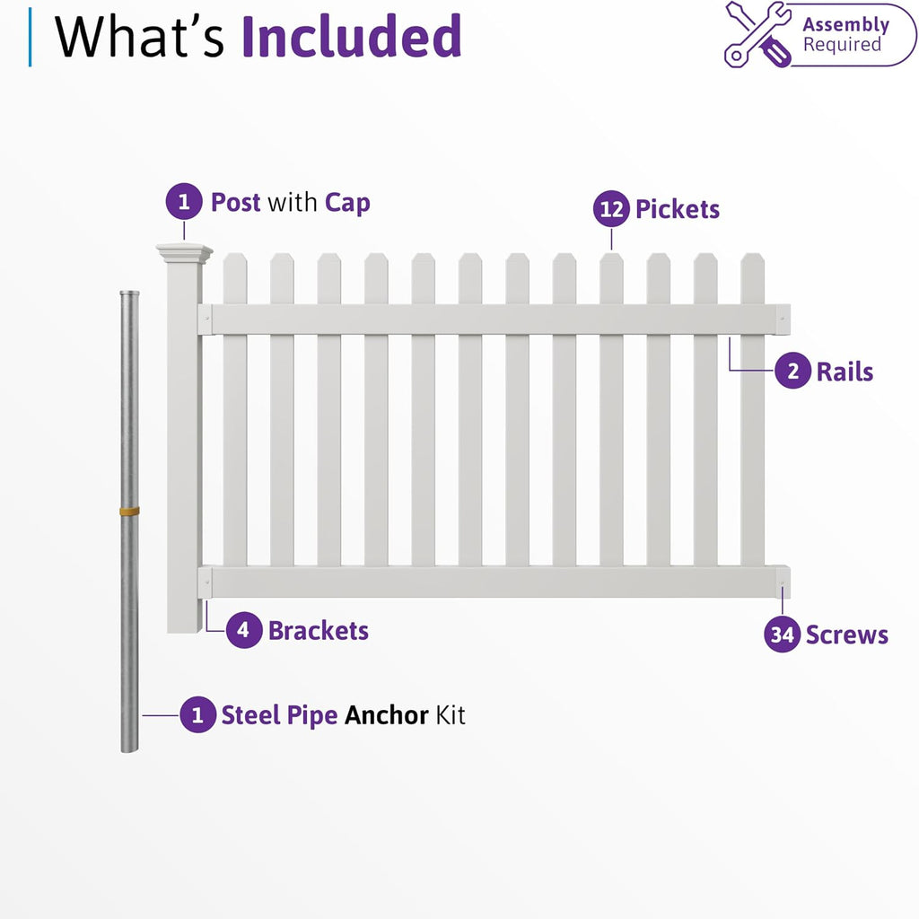 3.5ft H x 6ft W (1 Panel + 1 Post) No Dig WamBam All American Flat Top Fence Kit, White Vinyl Picket Fence, Easy Install Outdoor Barrier for Backyard or Patio, DIY Decorative Garden Border, ZP19084