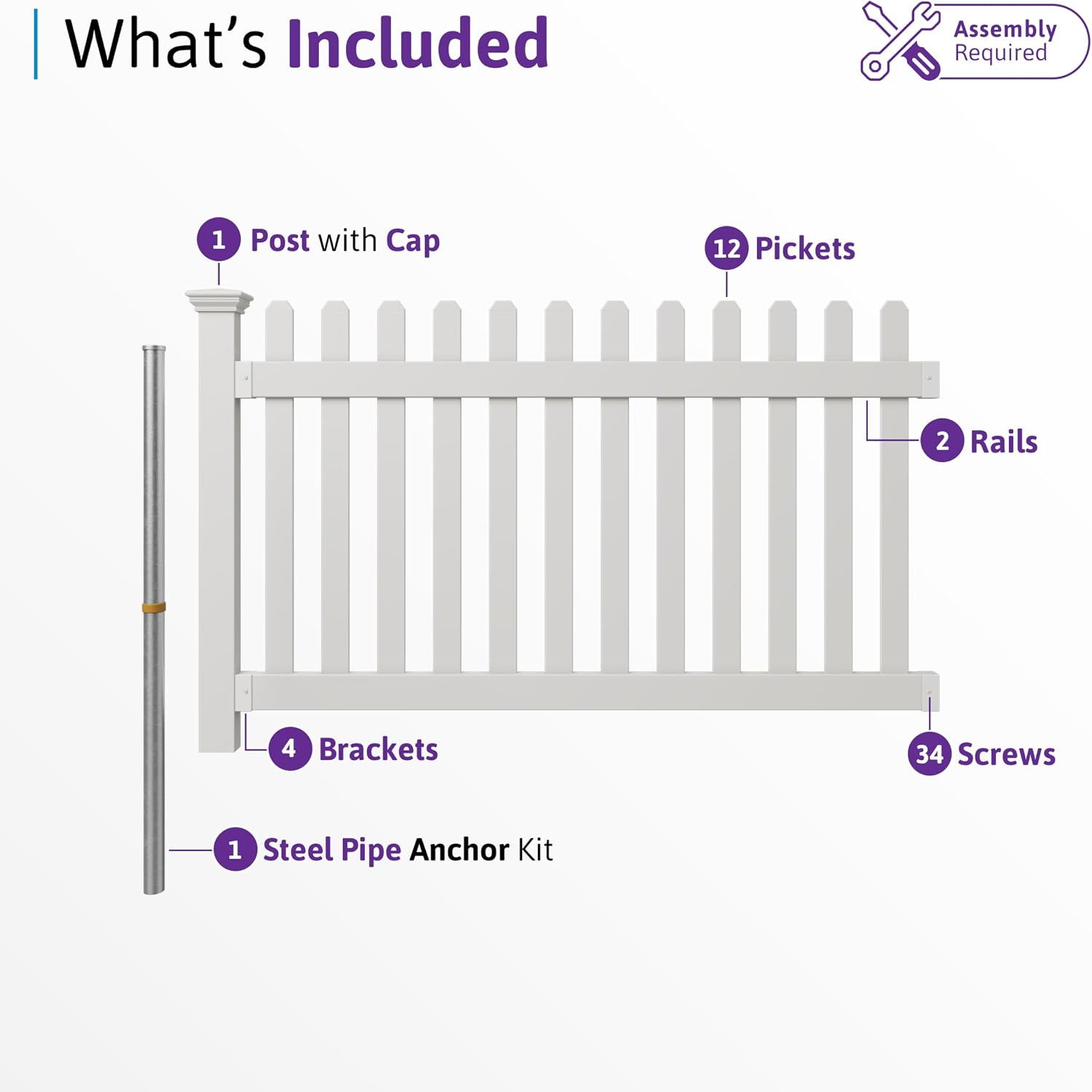 3.5ft H x 6ft W (1 Panel + 1 Post) No Dig WamBam All American Flat Top Fence Kit, White Vinyl Picket Fence, Easy Install Outdoor Barrier for Backyard or Patio, DIY Decorative Garden Border, ZP19084