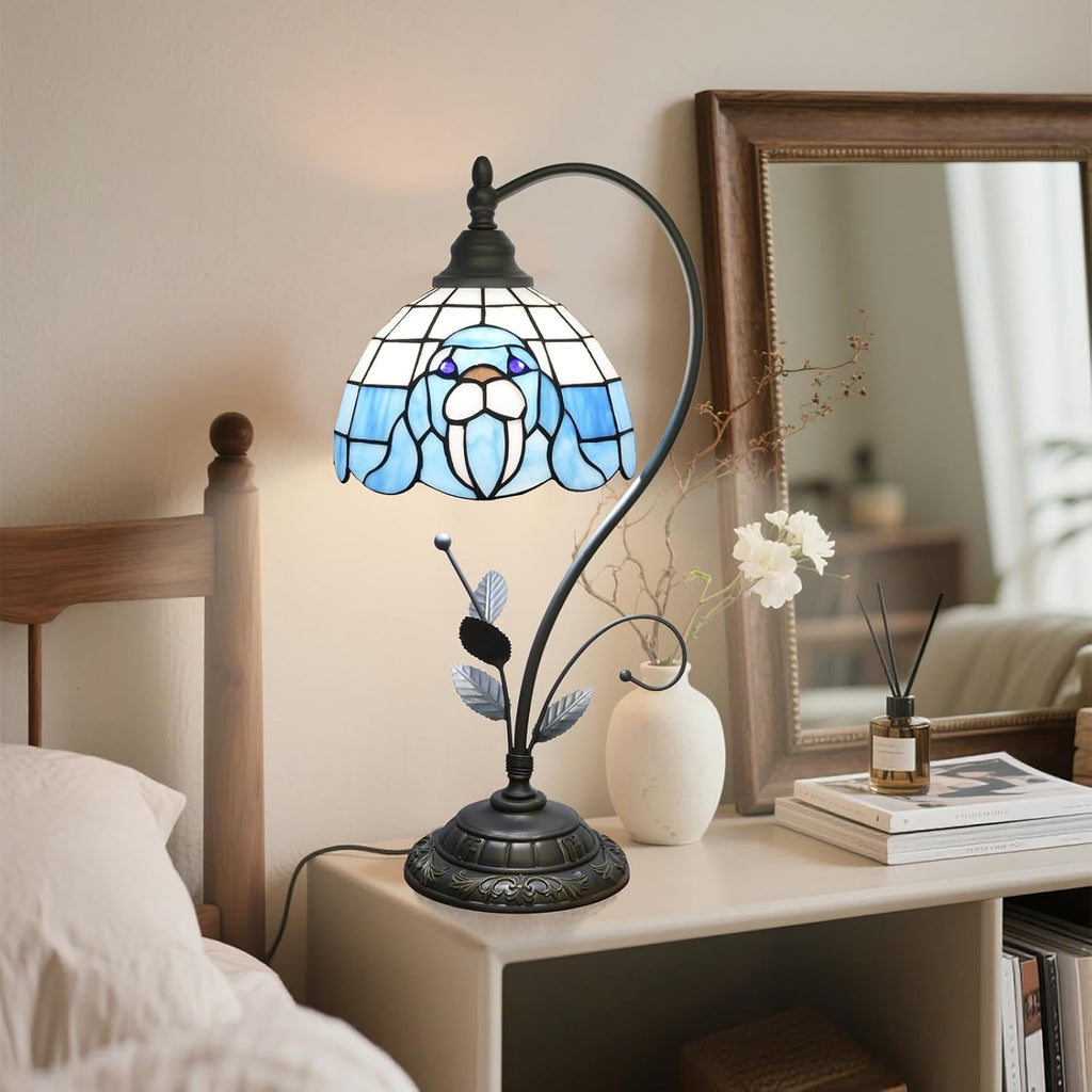 Tiffany Table Lamp Blue Walrus Stained Glass Bedside Lamp Tiffany Style S Metal Leaves Desk Light for Home Living Room Office Dormitory Bar Family Friends Gift