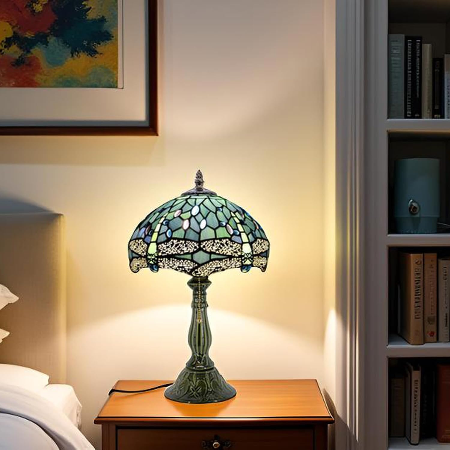 Tiffany Lamp Stained Glass Table Lamps Sea Blue Dragonfly Style Desk Lamp 12X12X18.5 Inch Bronze Ceramic Base Reading Light Suitable for Bedside Bedroom Living Room Dining Room Office