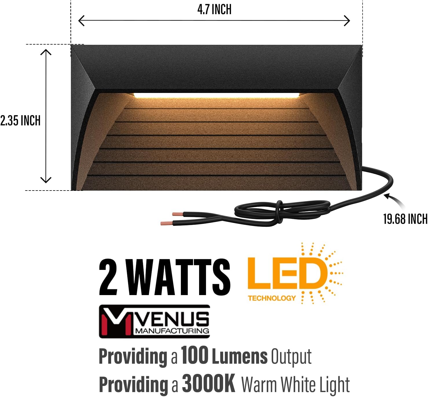 VENUS MANUFACTURING 2W Low Voltage Deck Lights LED Outdoor Stair Lights 3000K 12V Wired Step Lighting, Die-cast Aluminum for Fence, Yard, Patio, and Pathway (12Pack)