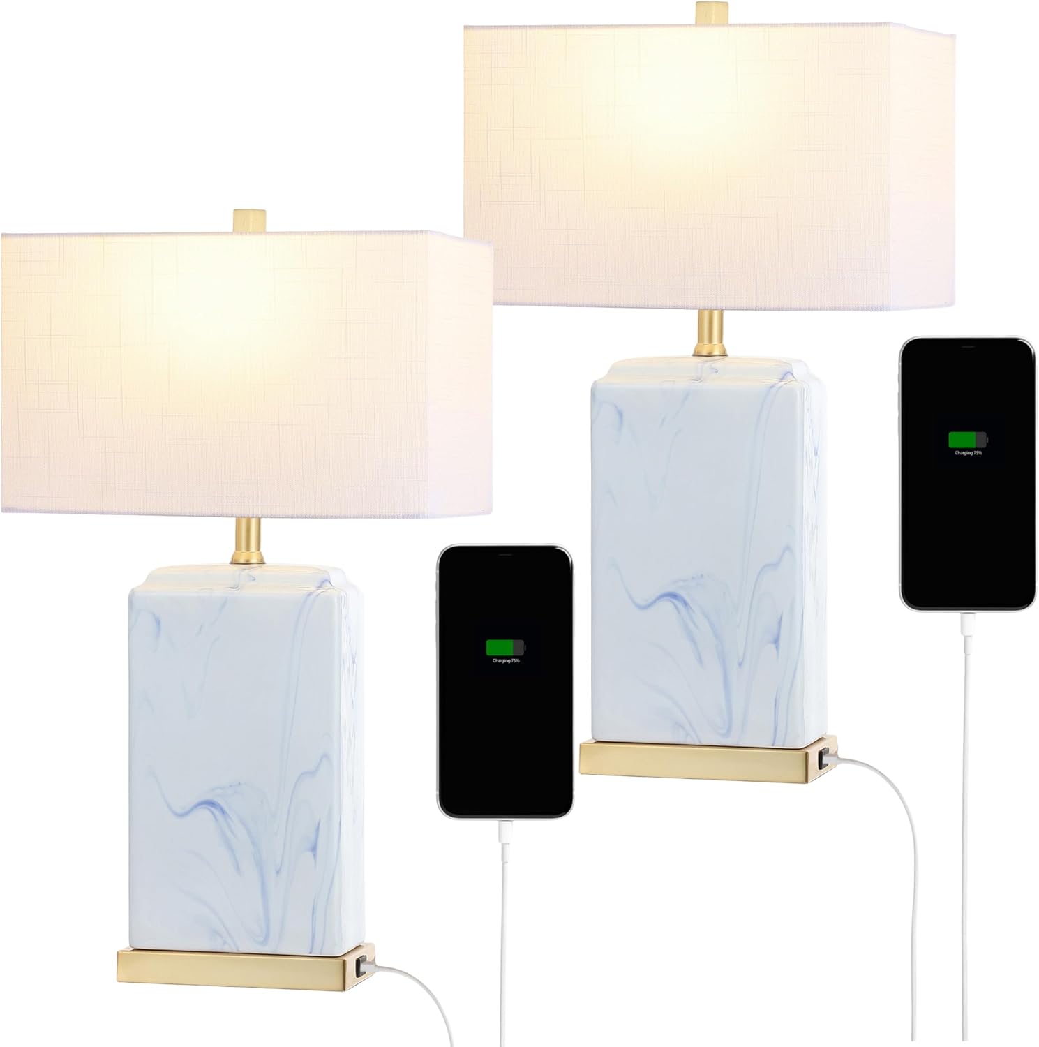 JONATHAN Y 24.5' Blue and White Marbled Ceramic LED Table Lamp Set of 2 with USB Port, Modern Coastal Iron Nightstand Lamp, Brass Gold Accents, LED Bulbs Included JYL1140A-SET2