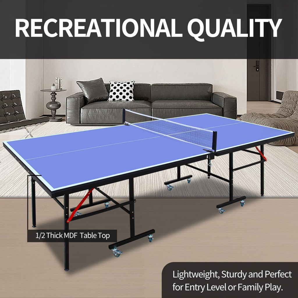 Ping Pong Table Foldable & Portable 6/8/9FT Table Tennis Table Set for Indoor & Outdoor Games with Net & Post, 2 Table Tennis Paddles and 3 Balls (Blue-8FT with Wheels)