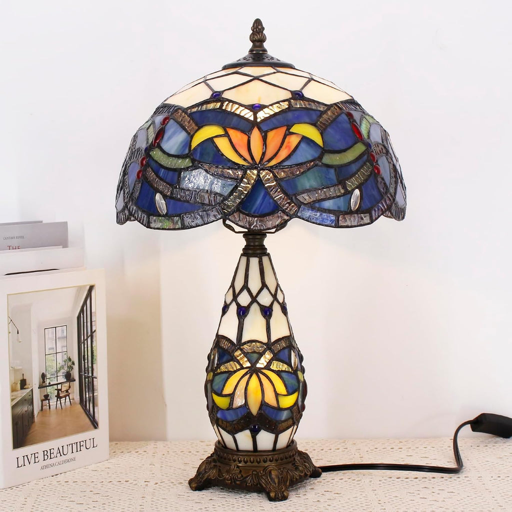 Tiffany Lamp Stained Glass Table Lamp 12X19 Inches Mother Daughter Vase Desk Accent Night Light for Bedroom Bedside Reading Home Antique Style (Blue Lotus)