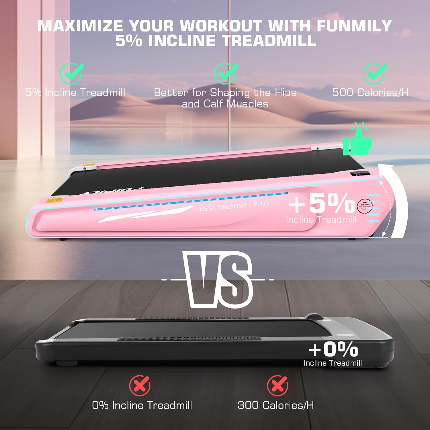 FUNMILY Walking Pad Treadmill with 5% Incline, 2.5HP Smallest Under Desk Treadmill for Home Office, Compact Walking 300lbs Weight Capacity/Remote Control/Lighting Design(Balck Red)