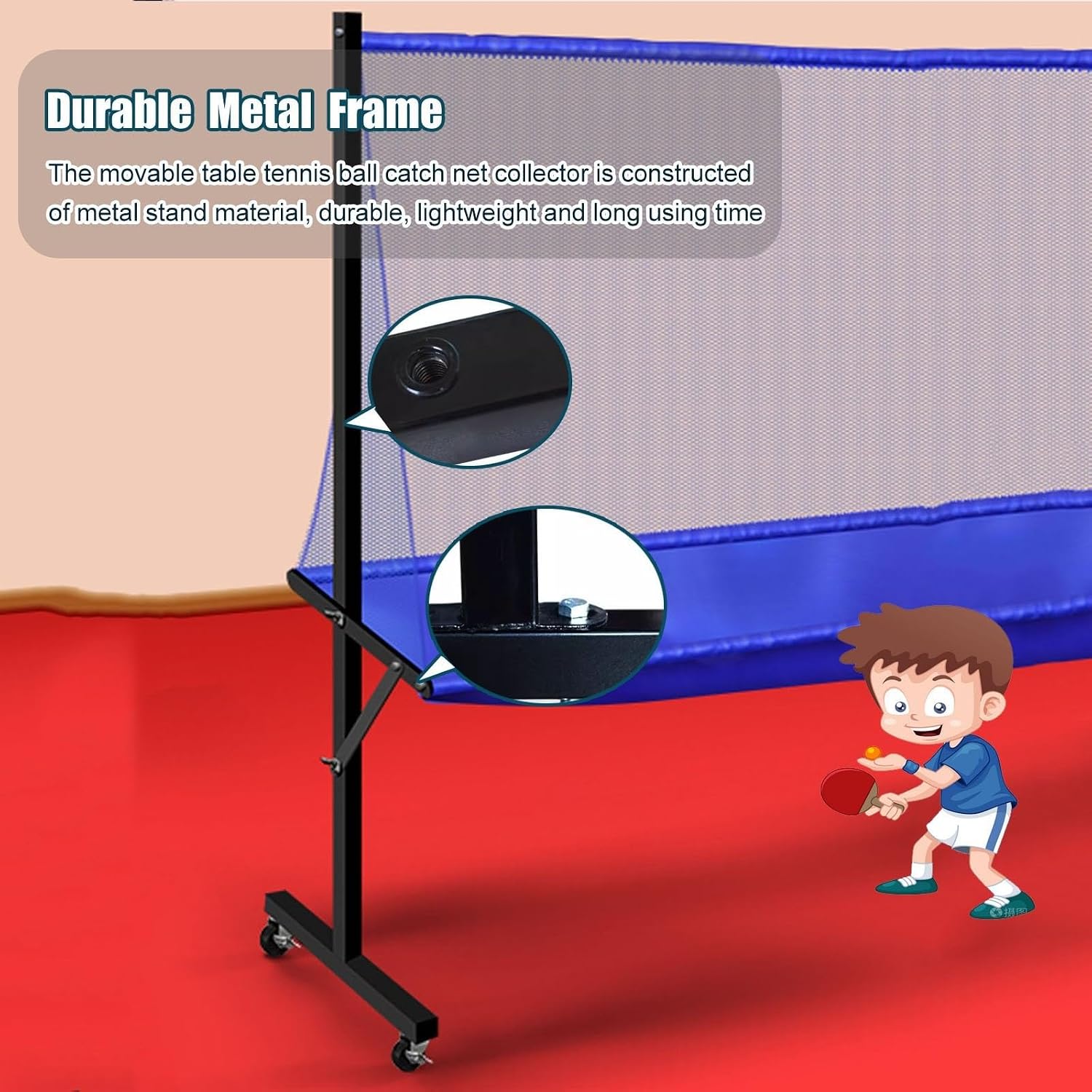 Rolling Table Tennis Catch Net, Adults & Kids Training Tool for Multi Ball Drills, Ping Pong Recycle Catcher Equipment for Indoor Outdoor Serve Practice & Family Leisure, Metal Frame