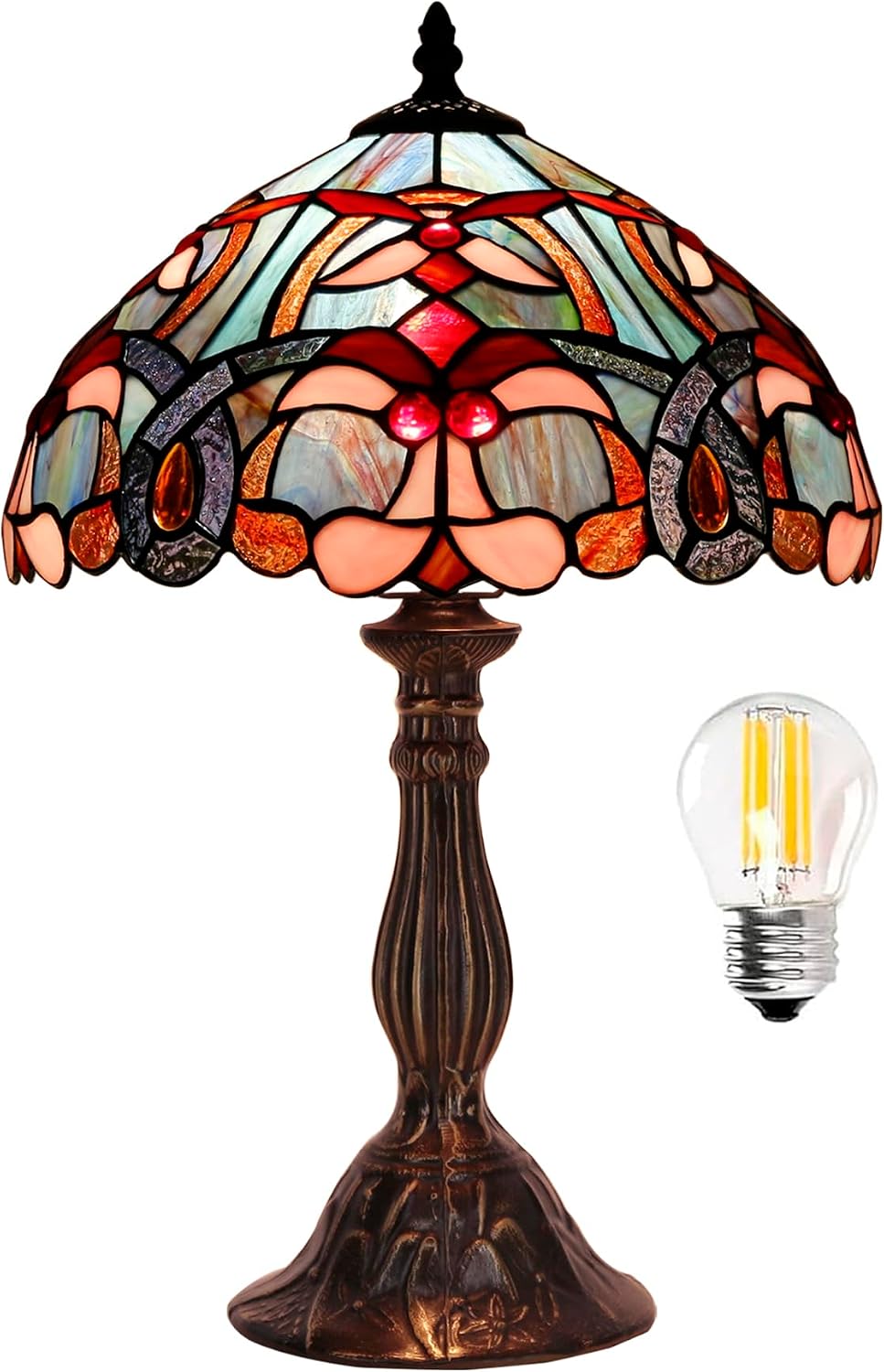WERFACTORY Tiffany Lamp Blue Pink Stained Glass Table Lamp Reading Light 12X12X18 Inches Decor Bedroom Living Room Home Office S830B Series