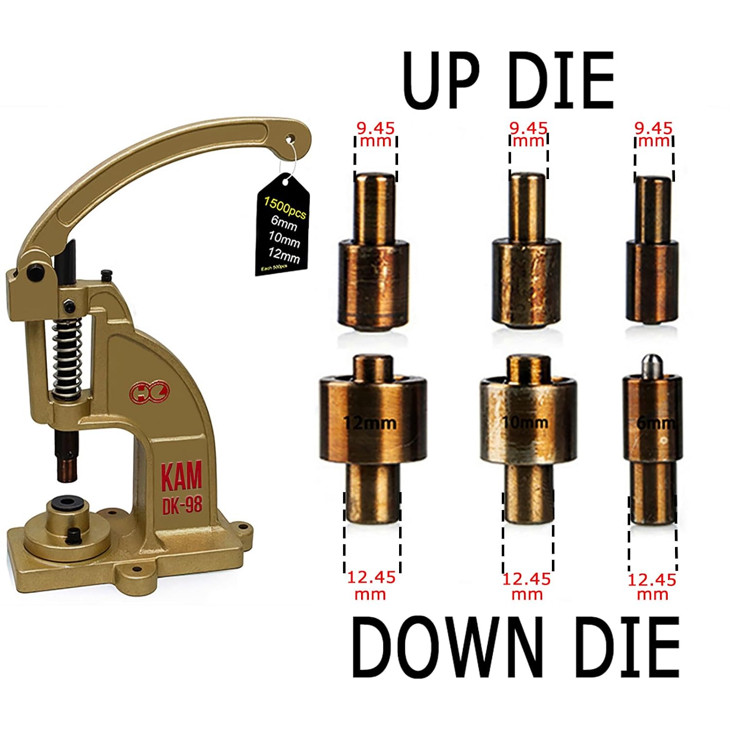 DK98 Upgraded Have Duty Hand Press Grommet kit with Eyelet Punch Tool kit.3 Dies and 1500 Pcs Grommets for Fabric tarps Curtains Paper Leather and Canvas