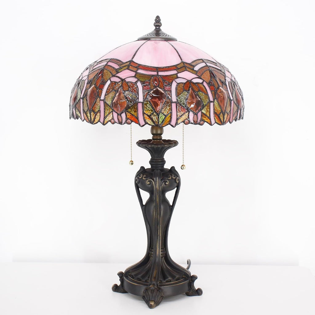 Tiffany Lamp(2 Lights) Stained Glass Table Lamp Bedside Desk Reading Light 16X16X24 Inch Decor Bedroom Living Room Home Office (Pink Jewelry)