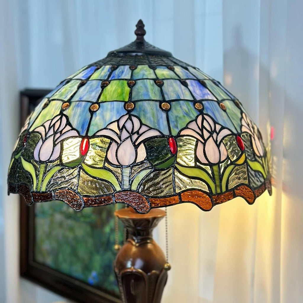 Tiffany Style Tulip Lamp Shade Replacement 16 Inch Wide Victorian Style Stained Glass Blue Pink Lampshade for Table Desk Floor Ceiling Pendant Light Accent Lamp