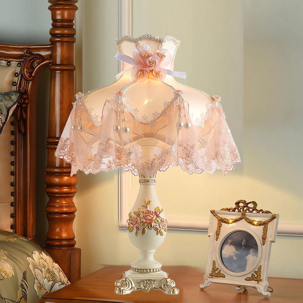Pink Resin Table Lamp Fabric Princess Desk Lamp Modern Resin Lampbody with Flower Decorative Bedside Nightlight for Bedroom Living Room