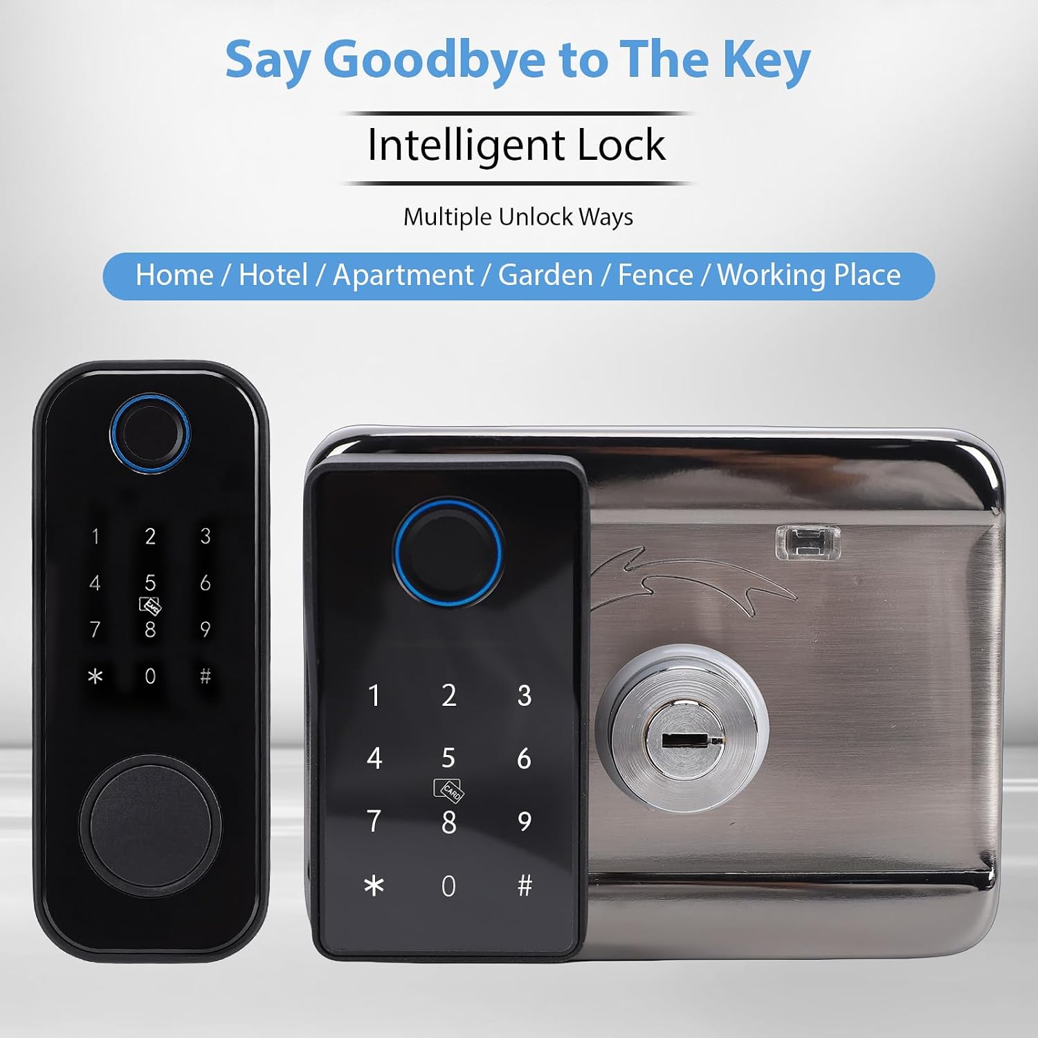 FTVOGUE Smart Gate Lock, Double Sided Fingerprint Lock with 5 Unlock Methods Keypad Keys Card for Garden Fence Yard Hollow Door