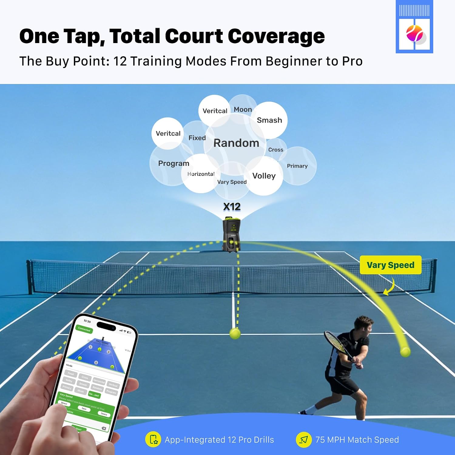 PUSUN｜PT-Smart Tennis Ball Machine: App Control with 12 Built-in Training Modes,6-Level Spin,28-Pt,75 MPH,32.6 lbs,100+ Ball,5H Battery, Portable, for Tennis/Padel,Training, Practice,Beginners to Pros
