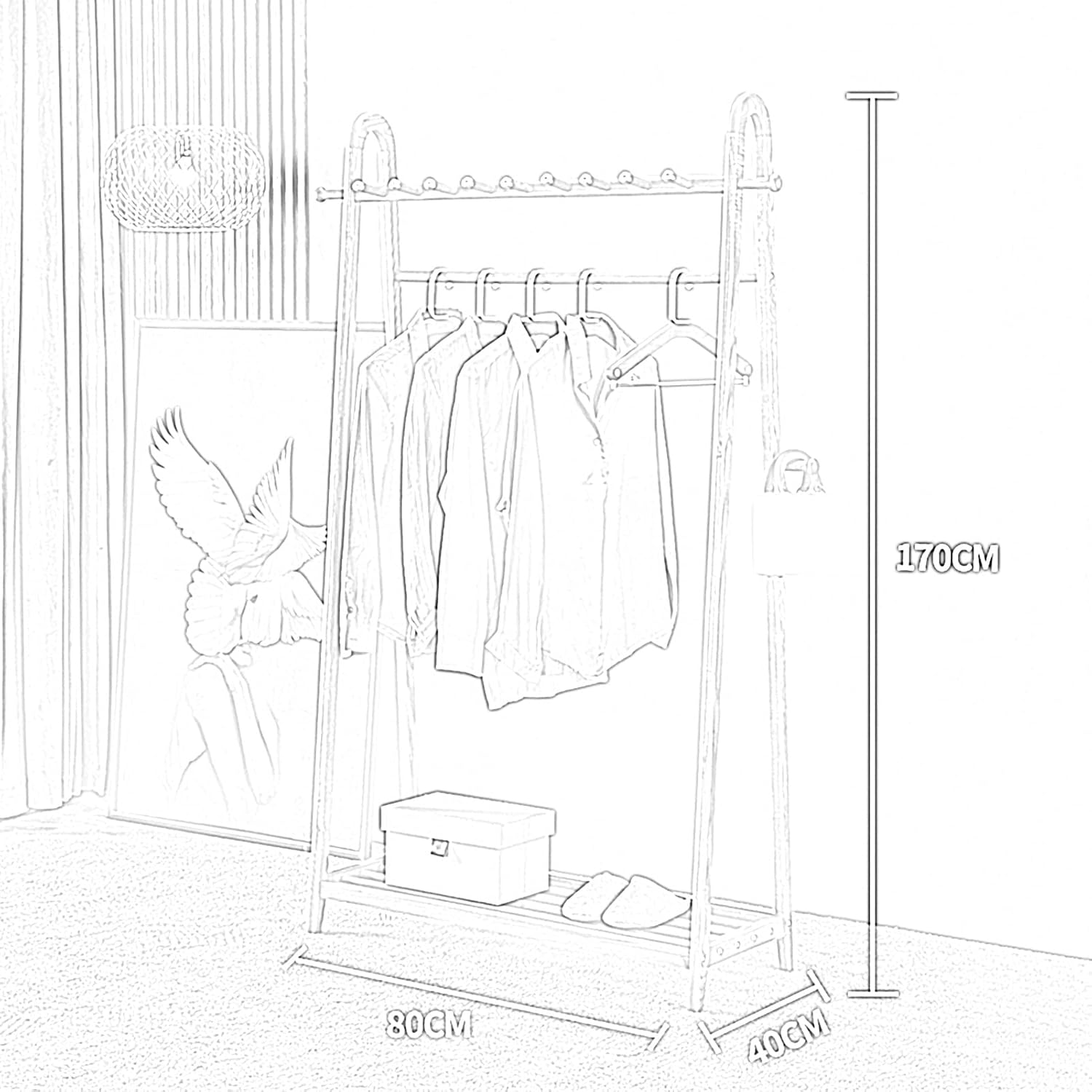 Coat Rack Stand Clothes Rack Stand, Multifunctional Wooden Storage Holder, Garment Hat Handbag Shoe Shelves, Hall Entryway Bedroom Office Organiser, (Brown-80x40x170CM