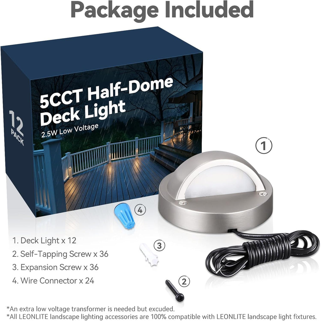 LEONLITE 12-Pack Update 5CCT LED Low Voltage Deck Lights, 180LM 3.74inch Landscape Step Railing Fence Light, 12-24V AC/DC, CRI90, Die-cast Aluminum Housing & Frosted Glass Lens, UL Cord, Satin Nickel