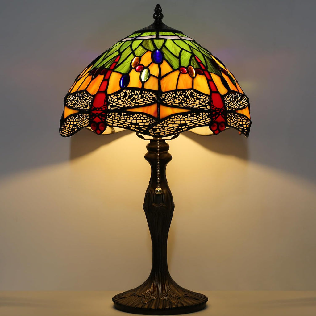 Tiffany Table Stained Glass Table Lamp 12 x 19' Bedside Reading Lamp Yellow Dragonfly Style Decorative Lamp for Desk Living Room Bedroom Office Study Light Decor Gift