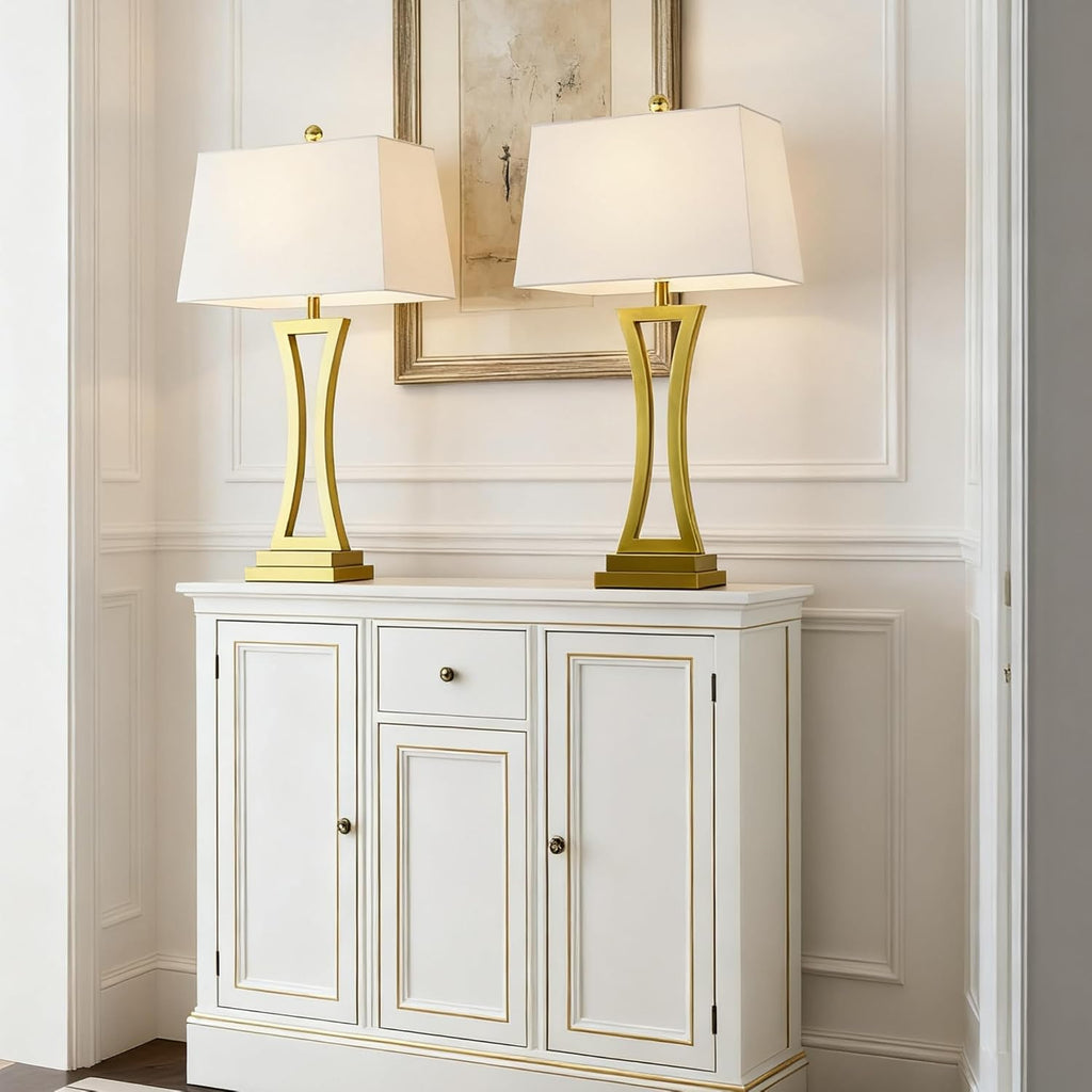Maxax Contemporary Table Lamps Set of 2, Brass Gold 30.75'' Tall Metal Bedside Lamps with White Rectangular Shade, 3 Way Dimmable Large Nightstand Lamp for Living Room Bedroom for Home Office Entryway
