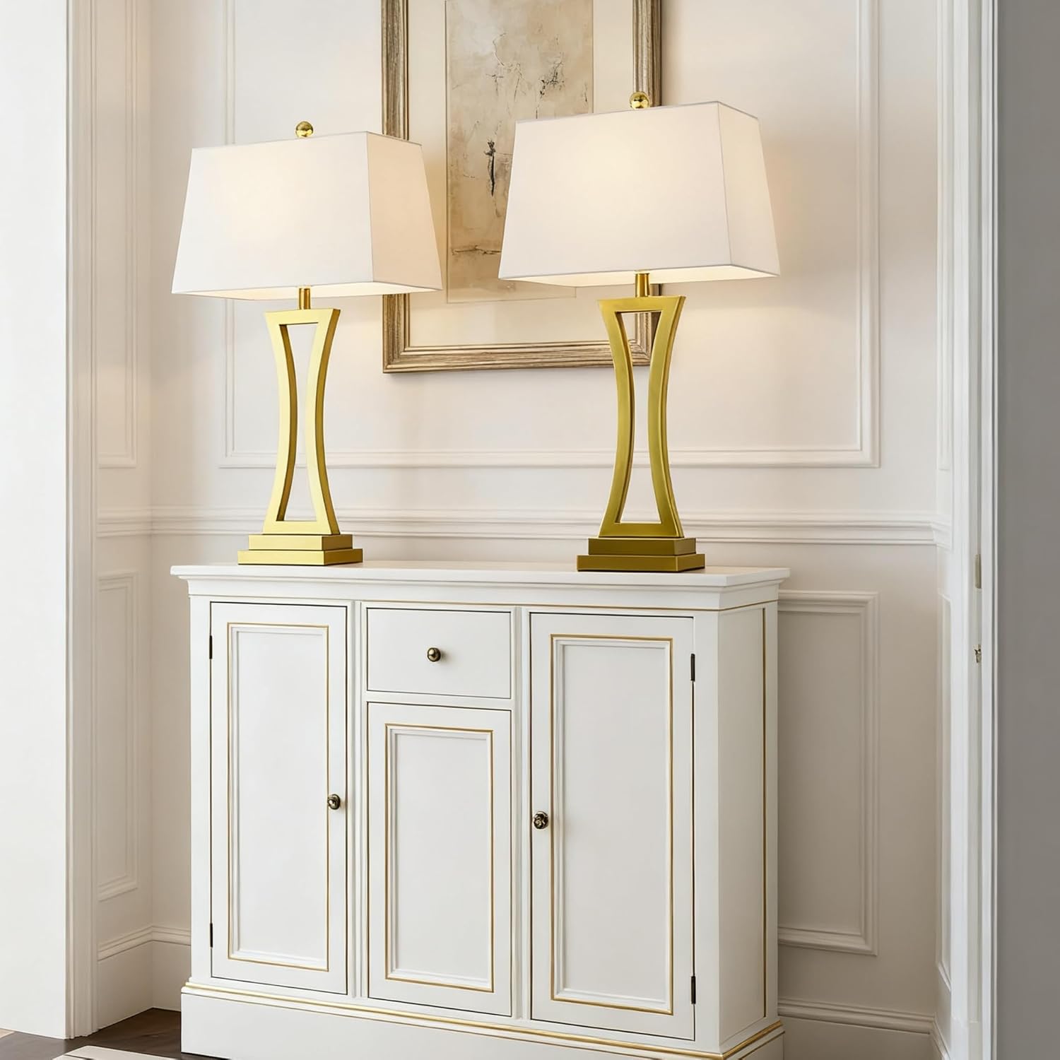 Maxax Contemporary Table Lamps Set of 2, Brass Gold 30.75'' Tall Metal Bedside Lamps with White Rectangular Shade, 3 Way Dimmable Large Nightstand Lamp for Living Room Bedroom for Home Office Entryway