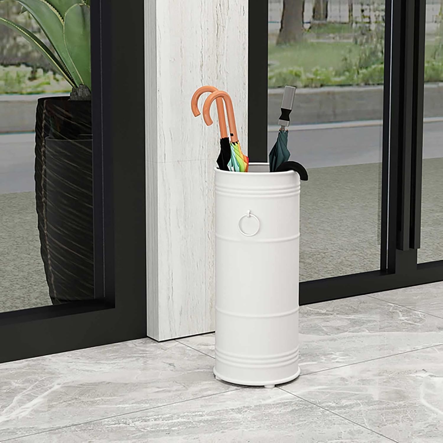 Metal Umbrella Holder Stand - Creative Postbox Type Umbrella Holder Rack Simple and Stylish with Drip Tray and 4 Hooks - for Canes Walking Sticks Entryway Office, Black (Color : White)