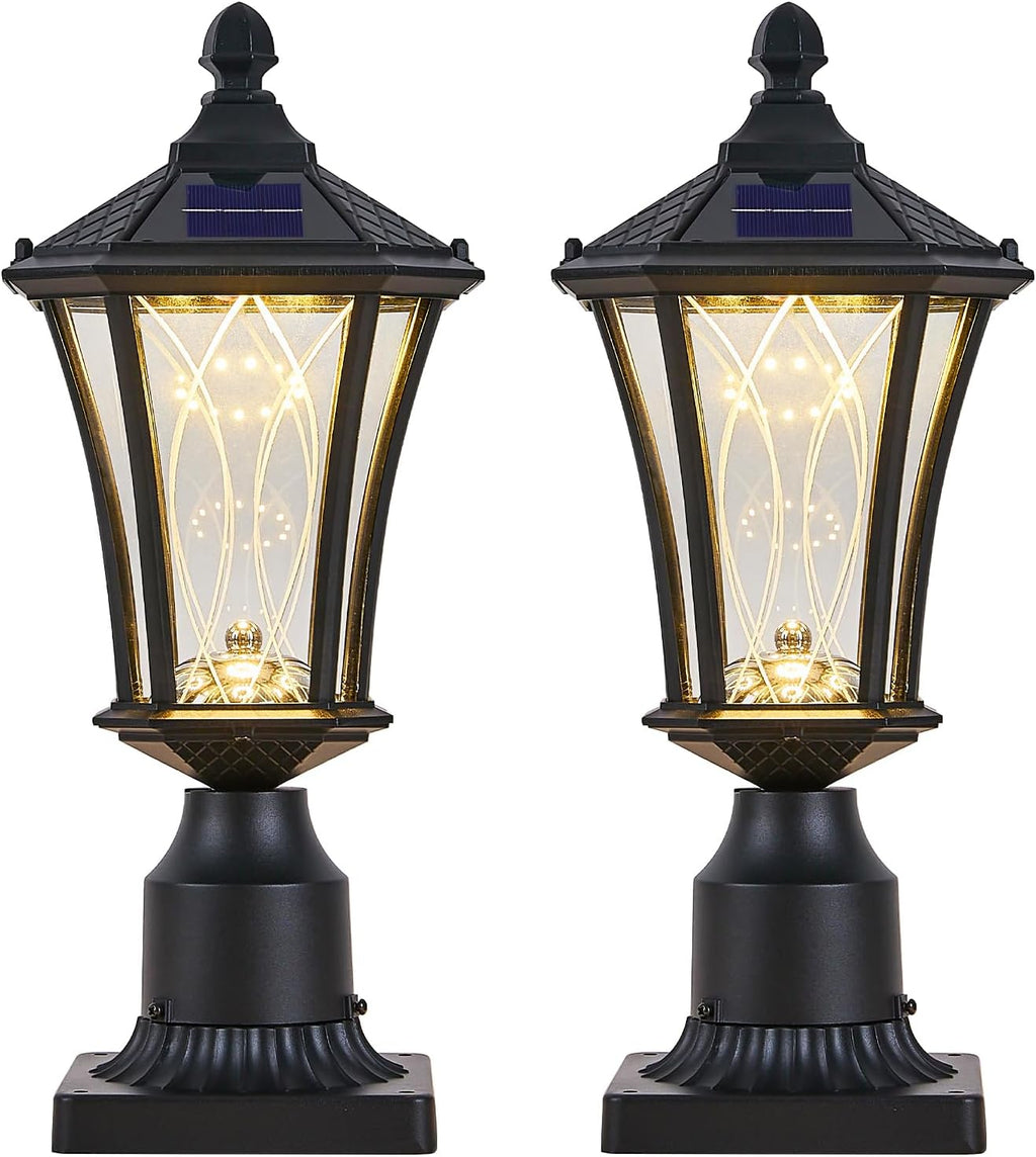 2 Pack Solar Post Lights with Pier Mount Base with Dusk to Dawn Sensor, Outdoor Pillar Lights with Toggle Switch Control, Waterproof Exterior Pole Lamps Head for Driveway, Patio, Garden, Black