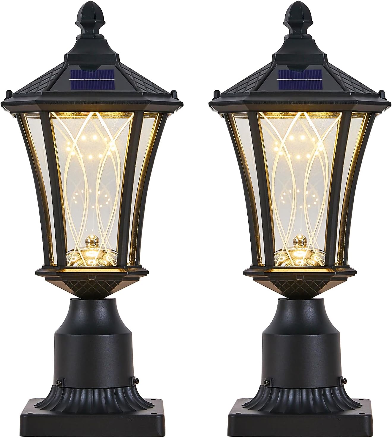 2 Pack Solar Post Lights with Pier Mount Base with Dusk to Dawn Sensor, Outdoor Pillar Lights with Toggle Switch Control, Waterproof Exterior Pole Lamps Head for Driveway, Patio, Garden, Black
