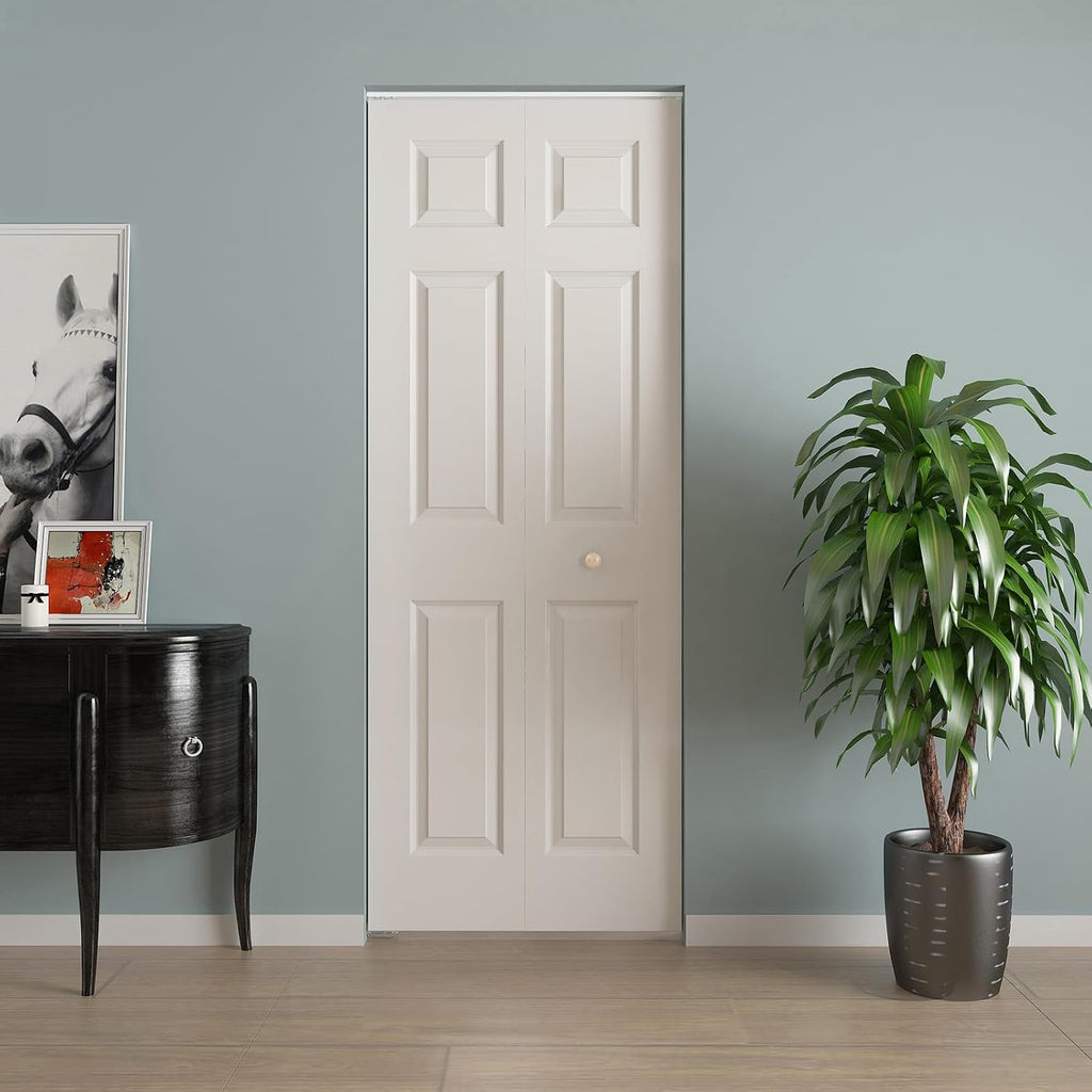 JUBEST Bifold Doors, 6 Panel Primed Bifold Closet Doors for 30'x80' Door Opening, Modern White Hollow Core Bi-Fold Door Slab with Hardware Kit & Knob, Widely Used, Primed