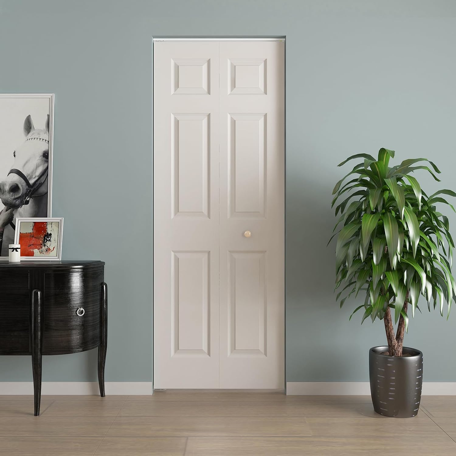 JUBEST Bifold Doors, 6 Panel Primed Bifold Closet Doors for 30'x80' Door Opening, Modern White Hollow Core Bi-Fold Door Slab with Hardware Kit & Knob, Widely Used, Primed