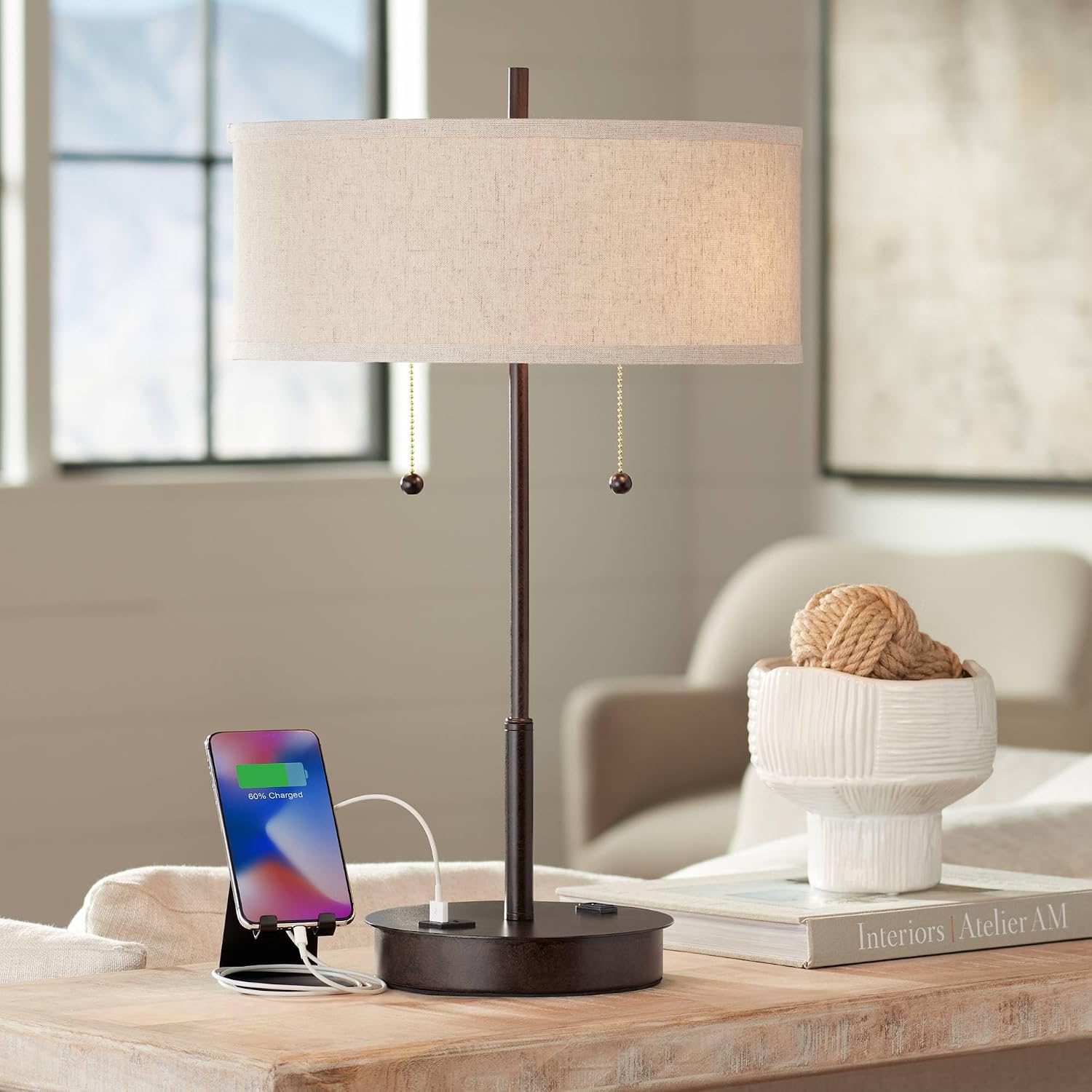 360 Lighting Nikola 23 1/2' High Modern Accent Table Lamp with USB Charging Ports A+C and AC Power Outlet in Base Bronze Fabric Drum Shade Bedroom Living Room House Desk Bedside Nightstand Office