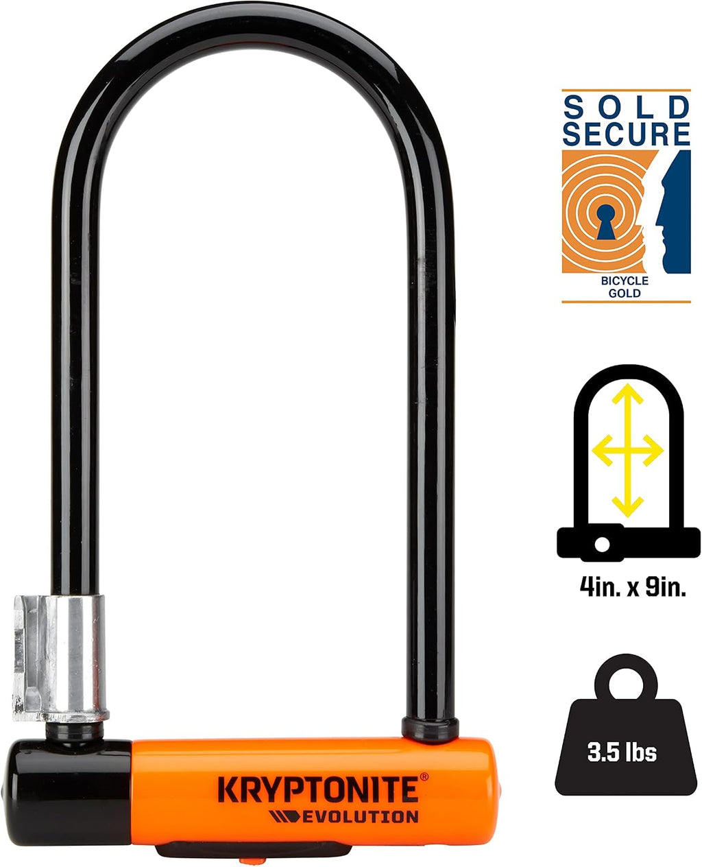 Kryptonite Evolution Standard Bike U-Lock, 4x9 Inch - 14mm Max-Performance Steel Shackle with Double Deadbolt, Includes 3 Keys, Convenient Carry Bracket - High-Security Bicycle Lock, Black, 3.5 lbs