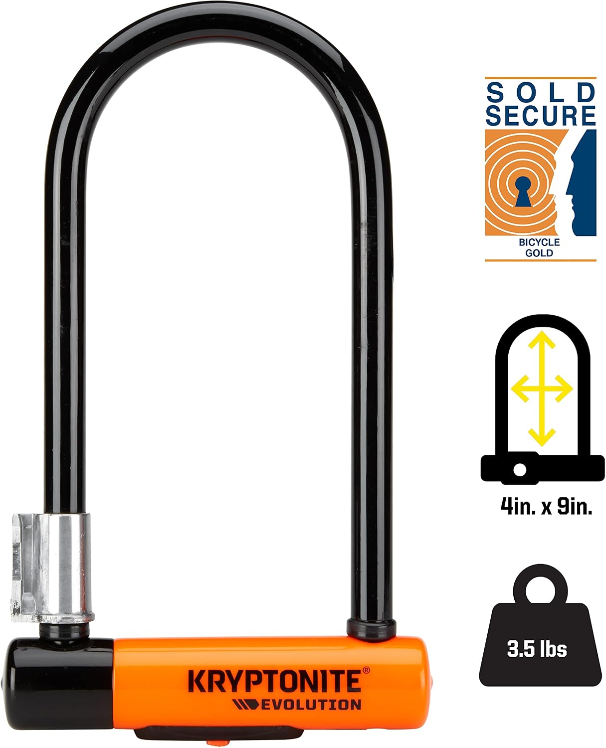 Kryptonite Evolution Standard Bike U-Lock, 4x9 Inch - 14mm Max-Performance Steel Shackle with Double Deadbolt, Includes 3 Keys, Convenient Carry Bracket - High-Security Bicycle Lock, Black, 3.5 lbs