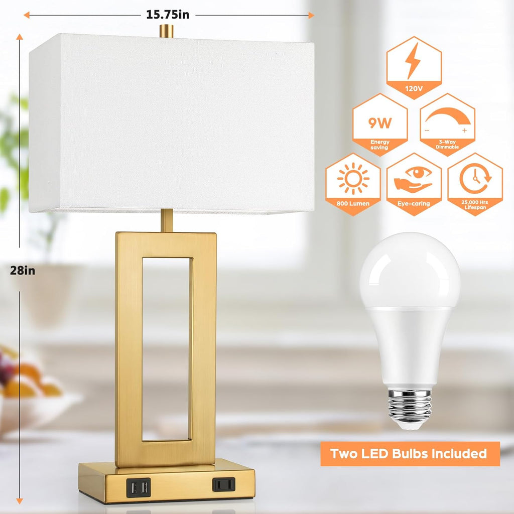 Modern Vintage Gold Table Lamp Set of 2, 28inch Tall Lamps for Living Room Bedroom with 2 USB Ports&AC Outlet, 3 Way Dimmable Touch Control Desk Lamps For Reading Home Office, E26 Socket, with Bulb
