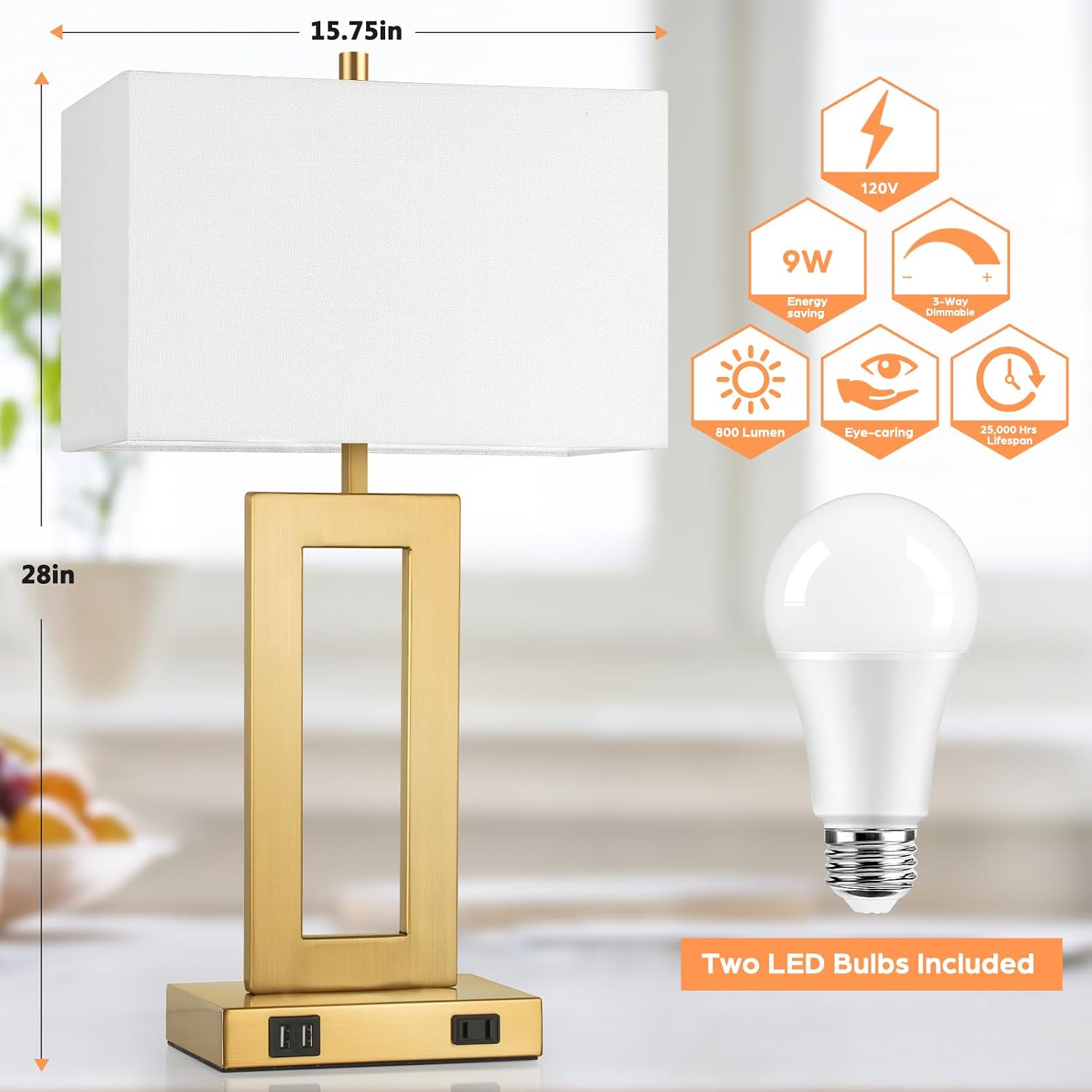 Modern Vintage Gold Table Lamp Set of 2, 28inch Tall Lamps for Living Room Bedroom with 2 USB Ports&AC Outlet, 3 Way Dimmable Touch Control Desk Lamps For Reading Home Office, E26 Socket, with Bulb