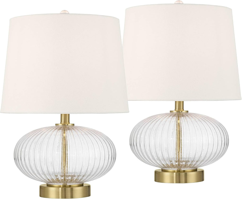 360 Lighting Darrah 19' High Small Mid Century Modern Accent Table Lamps Set of 2 USB Port Clear Glass Gold Brass Finish Off-White Shade Living Room Charging Bedroom Bedside Nightstand House Office