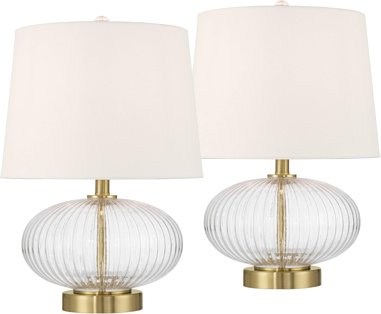 360 Lighting Darrah 19' High Small Mid Century Modern Accent Table Lamps Set of 2 USB Port Clear Glass Gold Brass Finish Off-White Shade Living Room Charging Bedroom Bedside Nightstand House Office