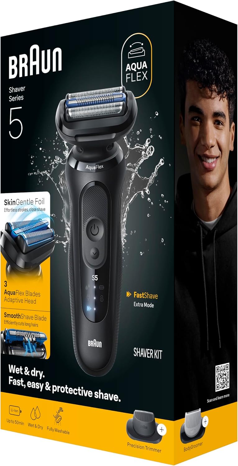 Braun Series 5 Electric Shaver for Men, Wet & Dry Foil Razor, Precision Trimmer Attachment, Body Groomer Attachment, Charging Stand, Travel Case, Black 5155cs