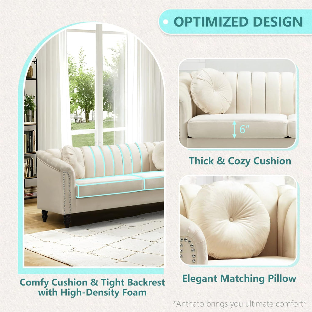 Chesterfield Chair for Living Room Furniture Set, Upholstered Classic Chair Sofa with Matching Pillow, Velvet Sofa Couch Furniture for Living Room/Study/Apartment(Cream White)