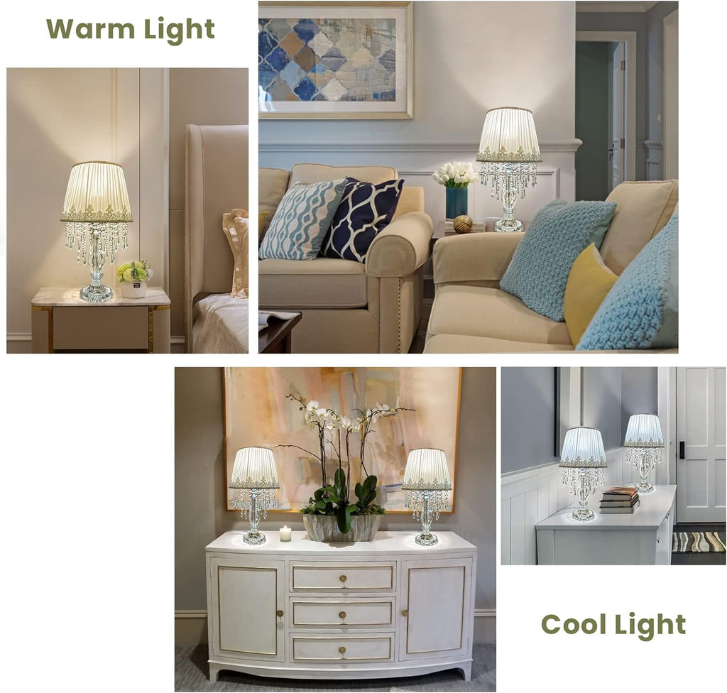 Siljoy Crystal Table Lamp Set of 2, Dimmable Bedside Lamp with Fabric Shades, Farmhouse Nightstand Lamps with K9 Crystal Strands for Living Room Bedroom 22.8 High