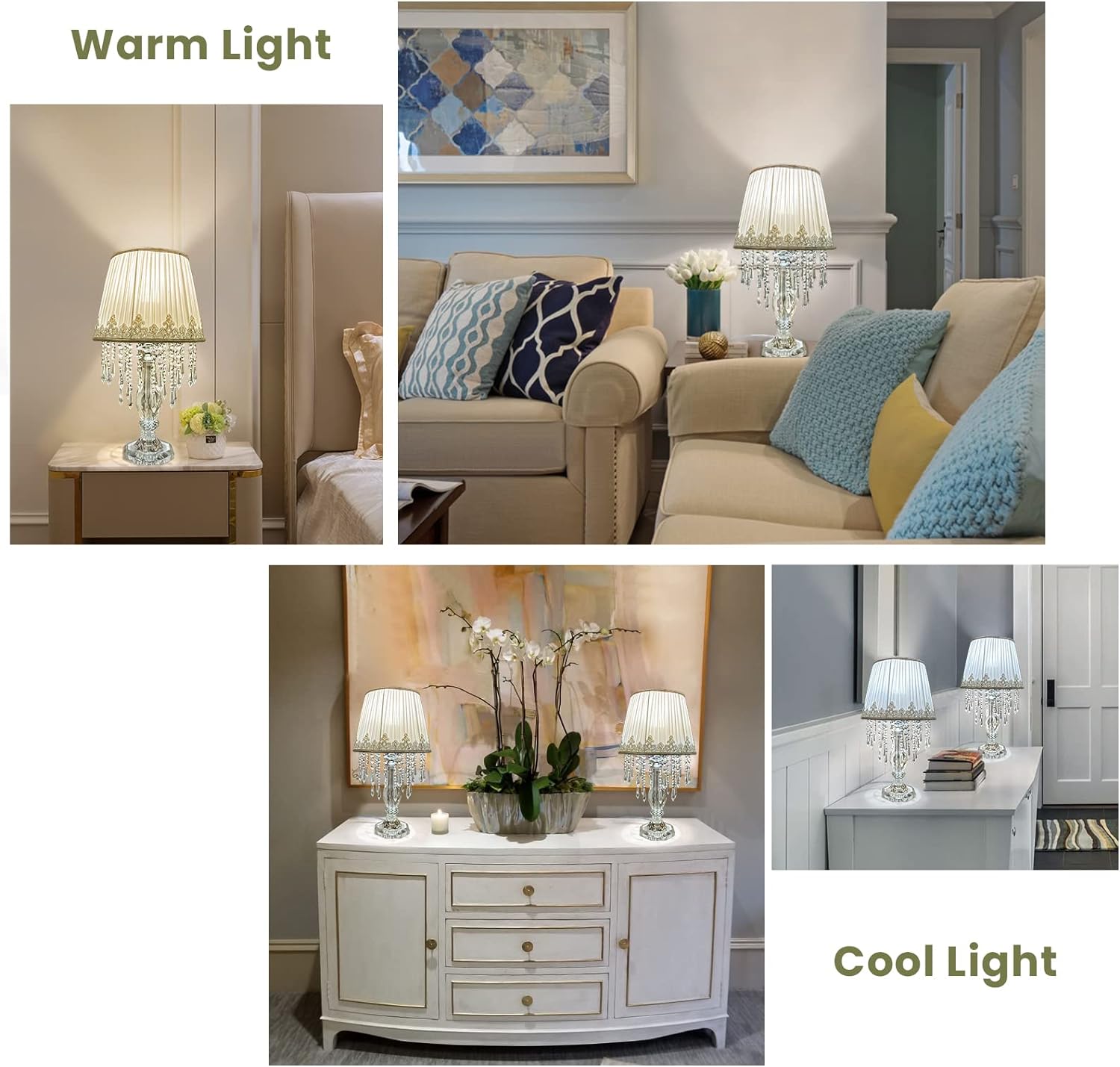 Siljoy Crystal Table Lamp Set of 2, Dimmable Bedside Lamp with Fabric Shades, Farmhouse Nightstand Lamps with K9 Crystal Strands for Living Room Bedroom 22.8 High