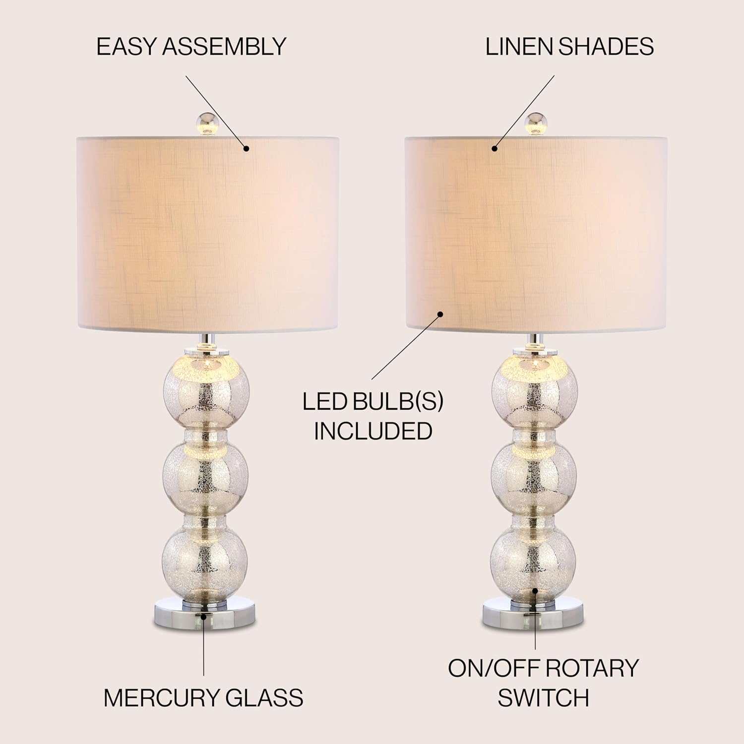 JONATHAN Y 27' Mercury Silver/Chrome Triple-Sphere Glass Table Lamp Set of 2, Bedside, White Linen Shade, Modern Table Lamps for Living Room, Bedroom, Office, LED Bulbs Included (JYL1070B-SET2)