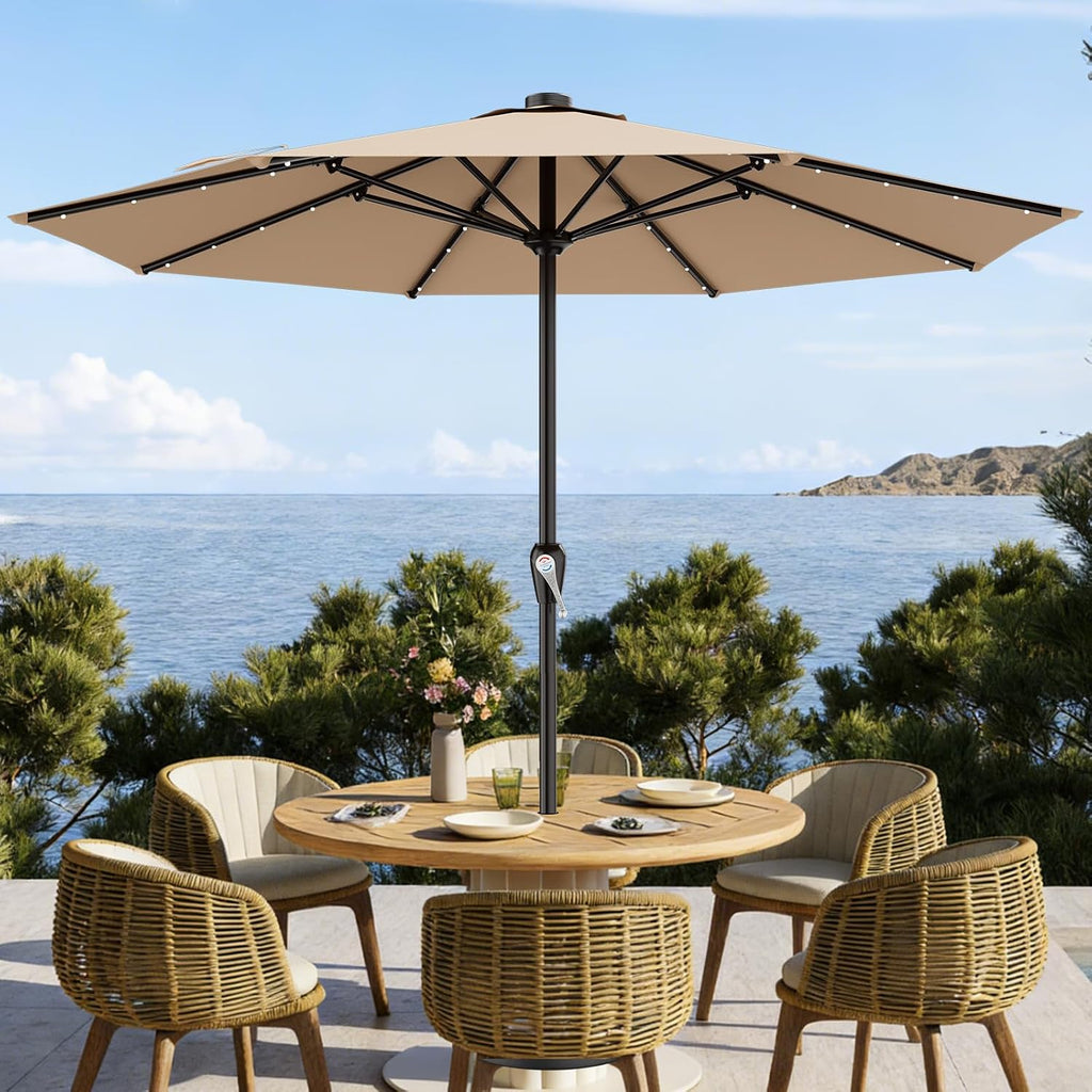 AreShark 12FT Large Patio Umbrella with Solar Lights, Solar Powered Outdoor Umbrella with Crank, Patio Table Market Umbrellas for Garden, Deck, Backyard, Pool and Beach, Beige