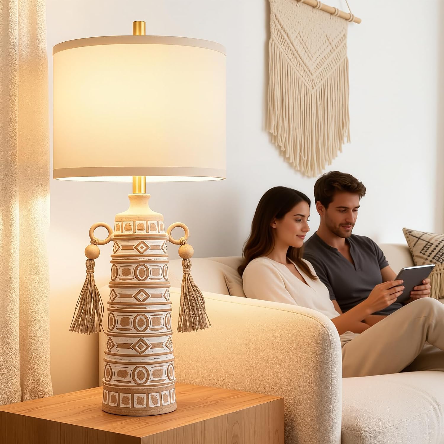 30'H Tall Boho Table Lamp Set of 2 for Bedroom Living Room, Handmade Tassels Antique Bedside Lamp, Adjustable with Memory Function Bulb, Linen Shade, Rotary Switch Resin Lamp for Nightstand Decor