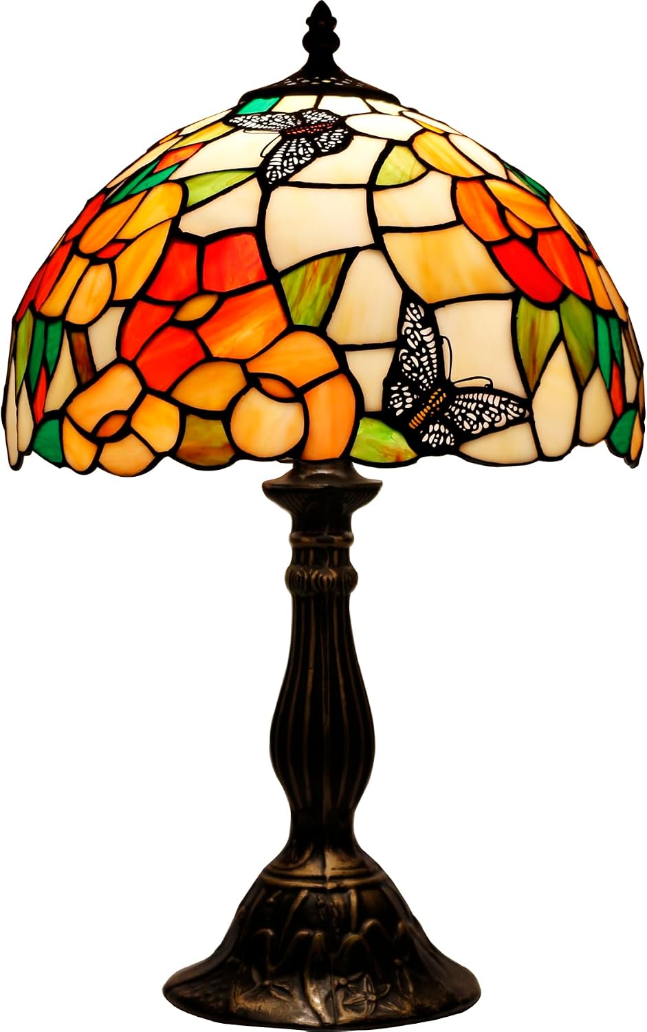 WERFACTORY Tiffany Table Lamp Bedside Pink Stained Glass Lamp Butterfly Style Reading Desk Light 12X12X18 Inches Decor Bedroom Living Room Home Office S275 Series