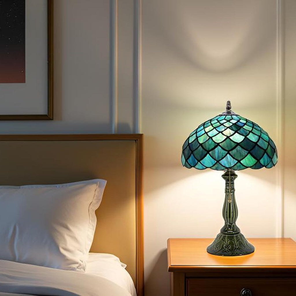 Tiffany Lamp Stained Glass Table Lamps Sea Blue Fish Scales Style Desk Lamp12X12X18.5 Inch Bronze Ceramic Base Reading Light Suitable for Bedside Bedroom Living Room Dining Room Office