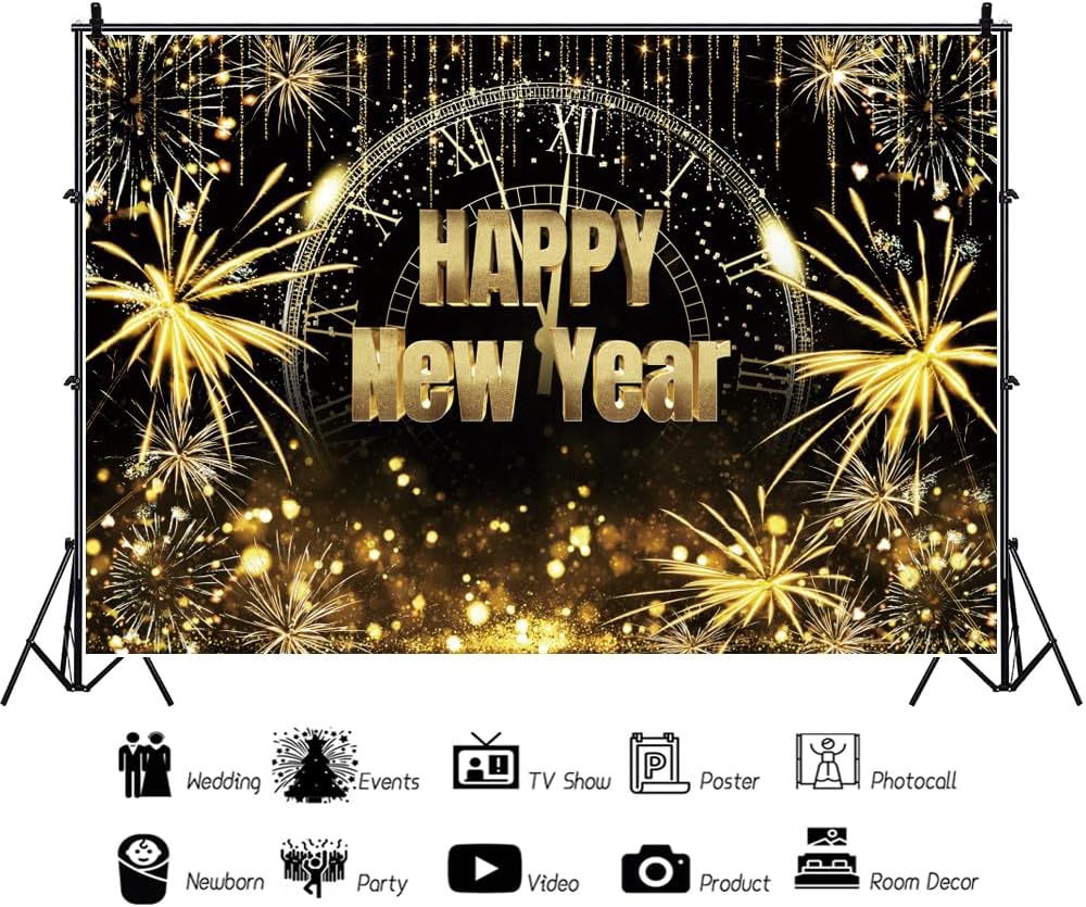 Glitter Happy New Year 2025 Photo Backdrop 20x10ft Black Gold Banner Clock Countdown to New Year Background Gold Fireworks Light Spots Streamer Winter Family Party Portrait Supplies Props