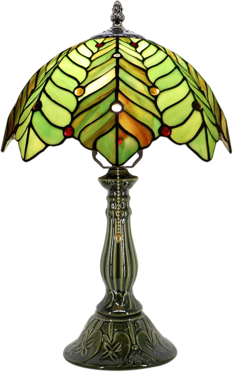 Tiffany Lamp Stained Glass Table Lamps Brown Green Coconut Leaves Style Desk Lamp 12X12X18.5 Inch Bronze Ceramic Base Reading Light Suitable for Bedside Bedroom Living Room Dining Room Office