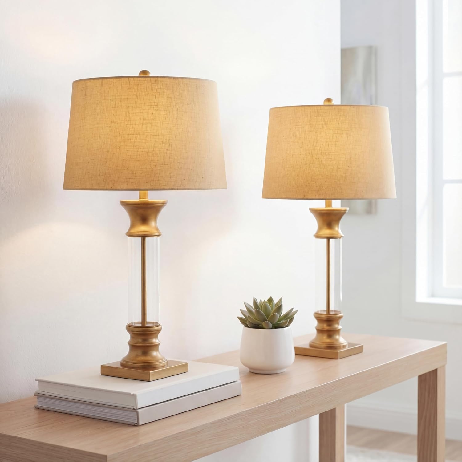 JONATHAN Y 32' Gold/Clear Glass Table Lamp Set of 2 for Living Room, Rustic Farmhouse Bedside Nightstand Lamps with Gray Linen Drum Shade, LED Bulbs Included (JYL4000B-SET2)